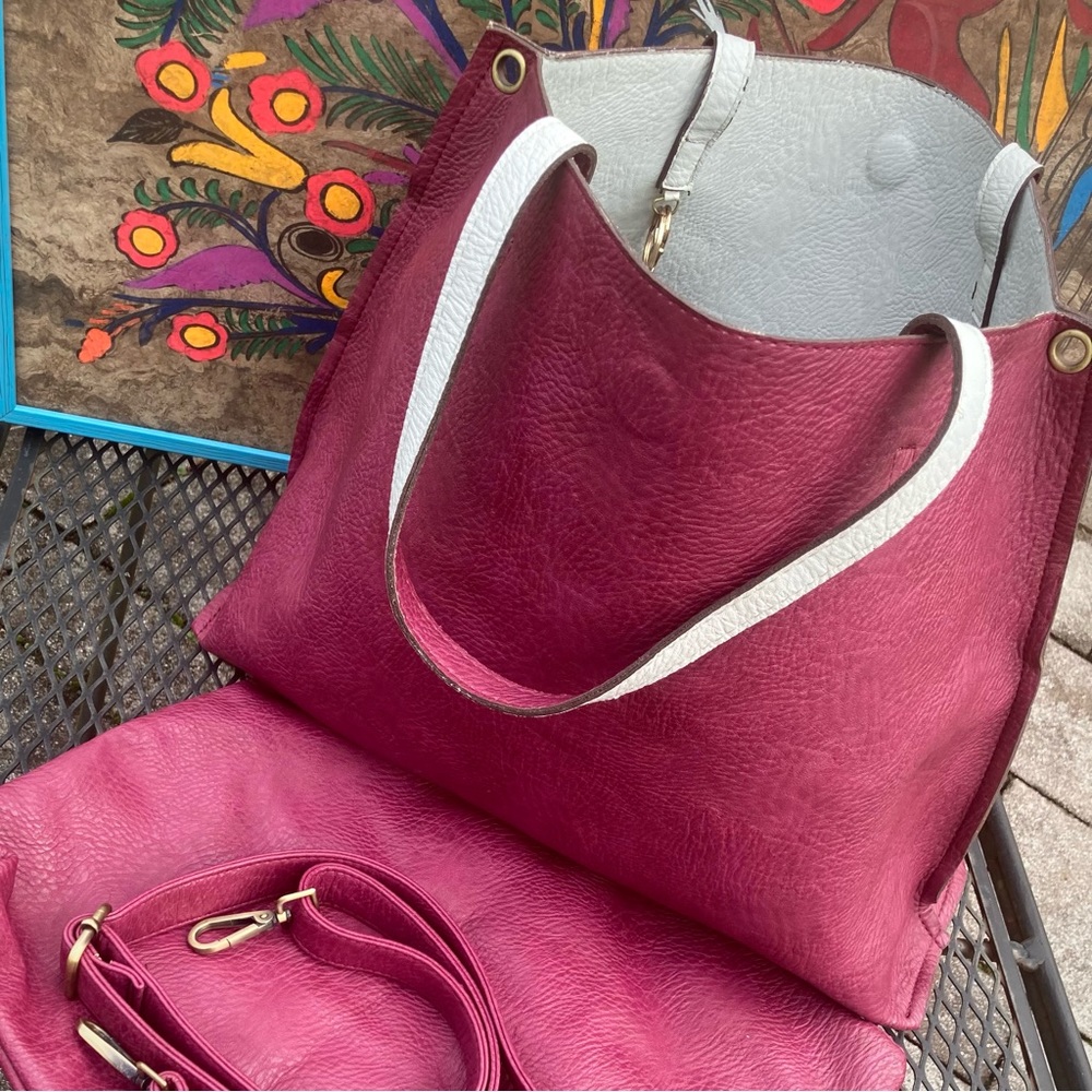 Free People large vegan faux leather reversible raspberry white tote shoulderbag